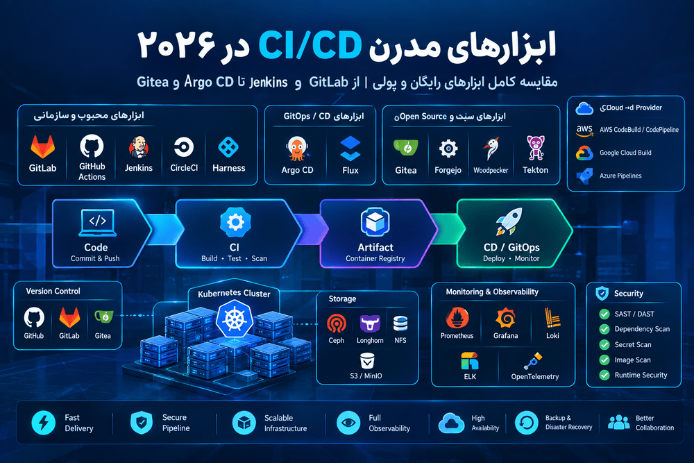 ابزارهای CI/CD در ۲۰۲۶؛ مقایسه GitLab، GitHub Actions، Jenkins، Argo CD، Gitea و ابزارهای مدرن